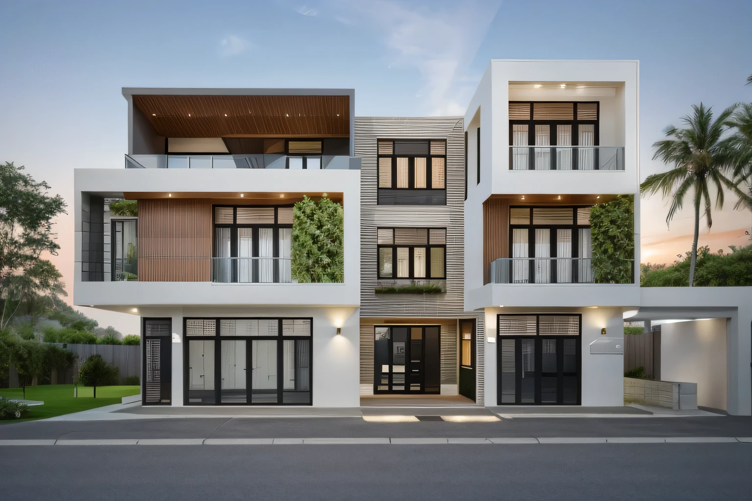 Exterior of house, mable decorations, (canopy in front of house:1.4), (a road in front of house:1.3), tree, sky, cloud, morning weather.