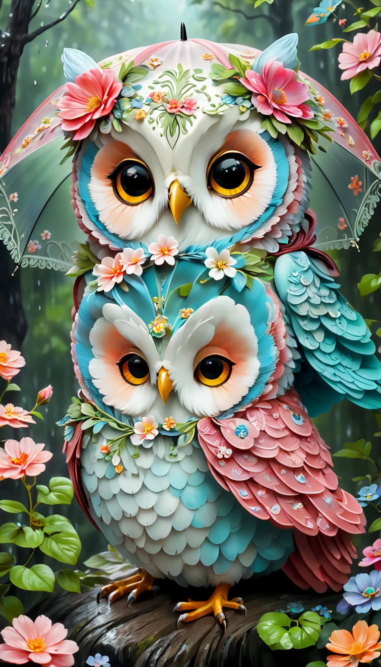 (Colorful mother owl and baby owls painted with flowers),(A large umbrella),(Mother owl holding an umbrella,hold her in arms:1.37),A caring expression, background with:(A heavy rain in the forest:1.3),(It rains heavily),
Lovely and detailed digital art, cute numbers, Lovely digital art, Bipper and Jeremiah Ketner, cute owl, Lovely detailed artwork,Lovely 3D rendering, The numbers are very detailed, cute colorful cute, Highly detailed digital artwork, Rich in details,Colorful, Digital art is very detailed, lovely artwork