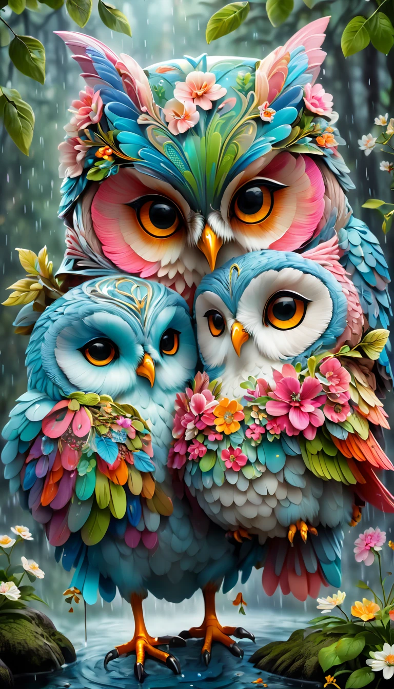 （Colorful mother owl and baby owls painted with flowers），（A large umbrella），（Mother owl holding an umbrella，hold her in arms：1.37），A caring expression， background with：（A heavy rain in the forest：1.3），（It rains heavily），
 Lovely and detailed digital art, cute numbers, Lovely digital art, Bipper and Jeremiah Ketner, cute owl, Lovely detailed artwork,Lovely 3D rendering, The numbers are very detailed, cute colorful cute, Highly detailed digital artwork, Rich in details，Colorful, Digital art is very detailed, lovely artwork