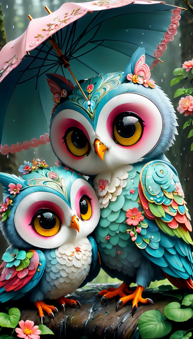 (Colorful mother owl and baby owls painted with flowers),(A large umbrella),(Mother owl holding an umbrella,hold her in arms:1.37),A caring expression, background with:(A heavy rain in the forest:1.3),(It rains heavily),
Lovely and detailed digital art, cute numbers, Lovely digital art, Bipper and Jeremiah Ketner, cute owl, Lovely detailed artwork,Lovely 3D rendering, The numbers are very detailed, cute colorful cute, Highly detailed digital artwork, Rich in details,Colorful, Digital art is very detailed, lovely artwork