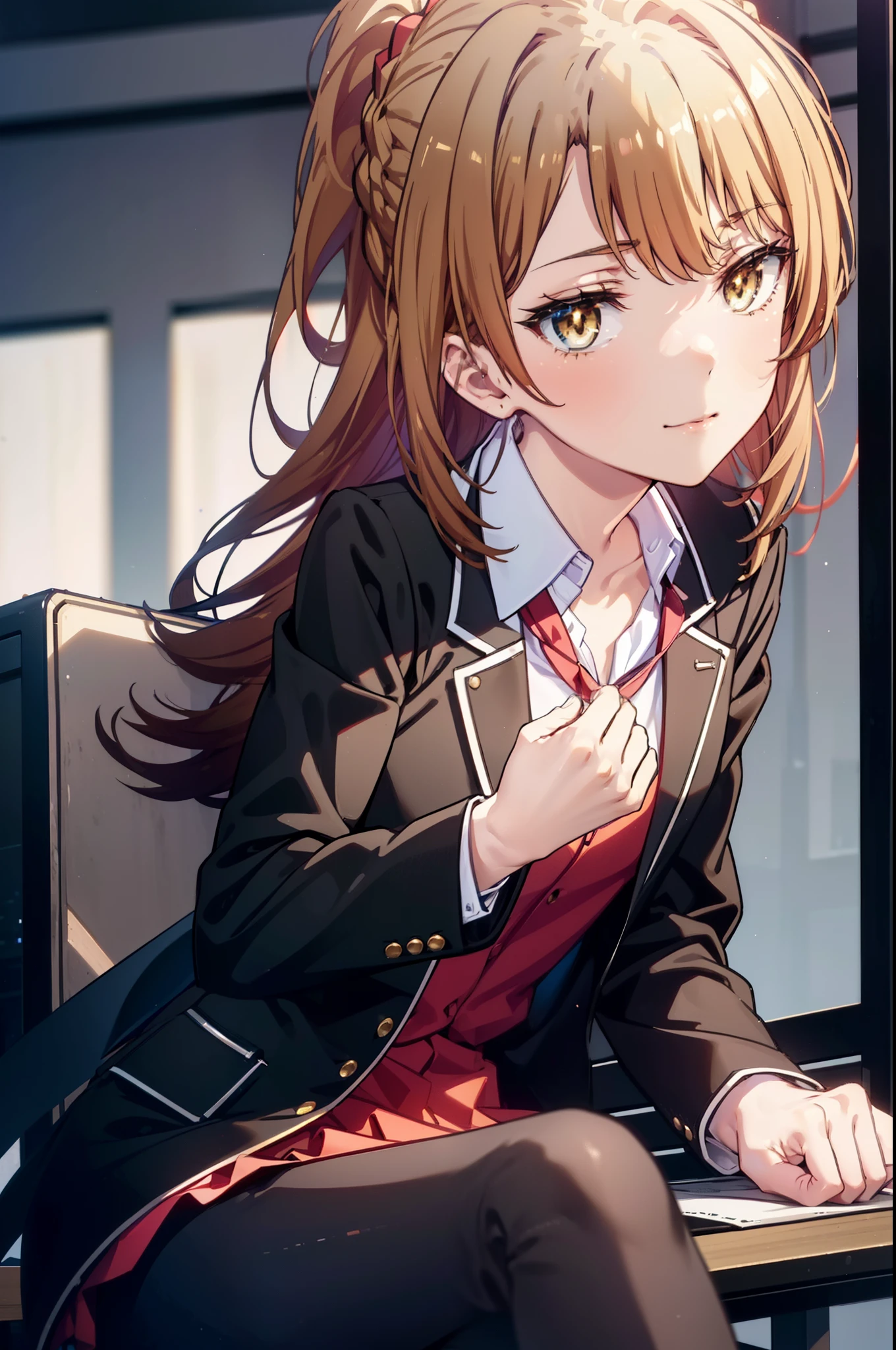 irohaisshiki, iroha isshiki, long hair, brown hair, (brown eyes:1.5), happy smile, smile, open your mouth,OL, red glasses,ponytail,short braided hair, black suit jacket, collared jacket, white dress shirt, collared shirt, neckline, button, strap, ID card on neck, black pencil skirt, black pantyhose, stiletto heels,There is a computer on the desk.,sitting cross-legged on a chair,interior,noon,Clear skies,window　Building district,
break indoors, office,
break looking at viewer,(cowboy shot:1. 5)
break (masterpiece:1.2), highest quality, High resolution, unity 8k wallpaper, (figure:0.8), (detailed and beautiful eyes:1.6), highly detailed face, perfect lighting, Very detailed CG, (perfect hands, perfect anatomy),
