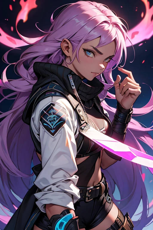 Personagem feminino de RPG em estilo ciberpunk, baseado em personagem jogo Numenera, tom de pele caramelo, fine features on the face, amber eyes, sardas no rosto, lilac hair with highlights like flames of fire, corpo esguio, tatuagens brilhantes na pele. Veste roupas escuras de couro misturado com tecidos sobrepostos leves, leaving parts of the left thigh exposed, wears a brace on the right forearm with a blade fixed to the surface. Usa um cachecol vermelho que parece ser feito de seda.