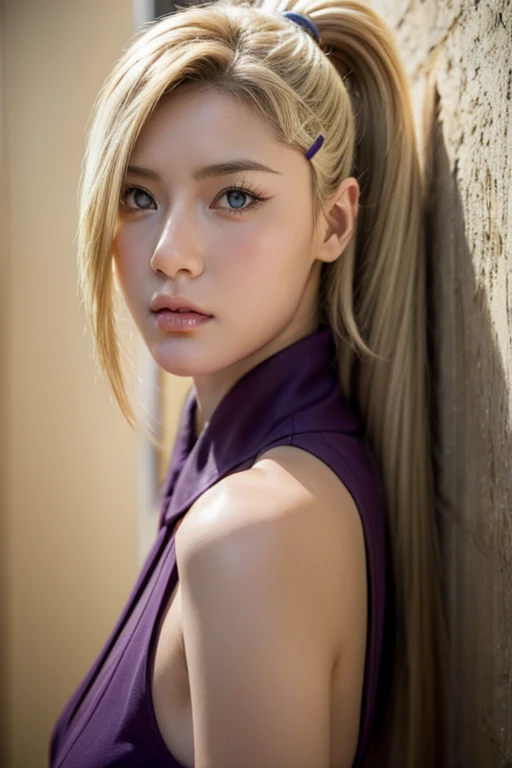 Real life adaption of this character,Asian teen beauty , realistic same hair, realistic outfit, realistic light, realistic shadow, hyper realistic, realism, realistic background,(photorealistic:1.2). Ino / Ino Yamanaka (Ino Yamanaka) / [Boruto: Naruto Next Generation, 1girl, long skirt, blonde hair, hair ornament, bare shoulders, closed mouth, green eyes, ponytail, hairclip, hair over one eye, best quality ,ultra Higd ,detail realistic ,sceneHDR pro