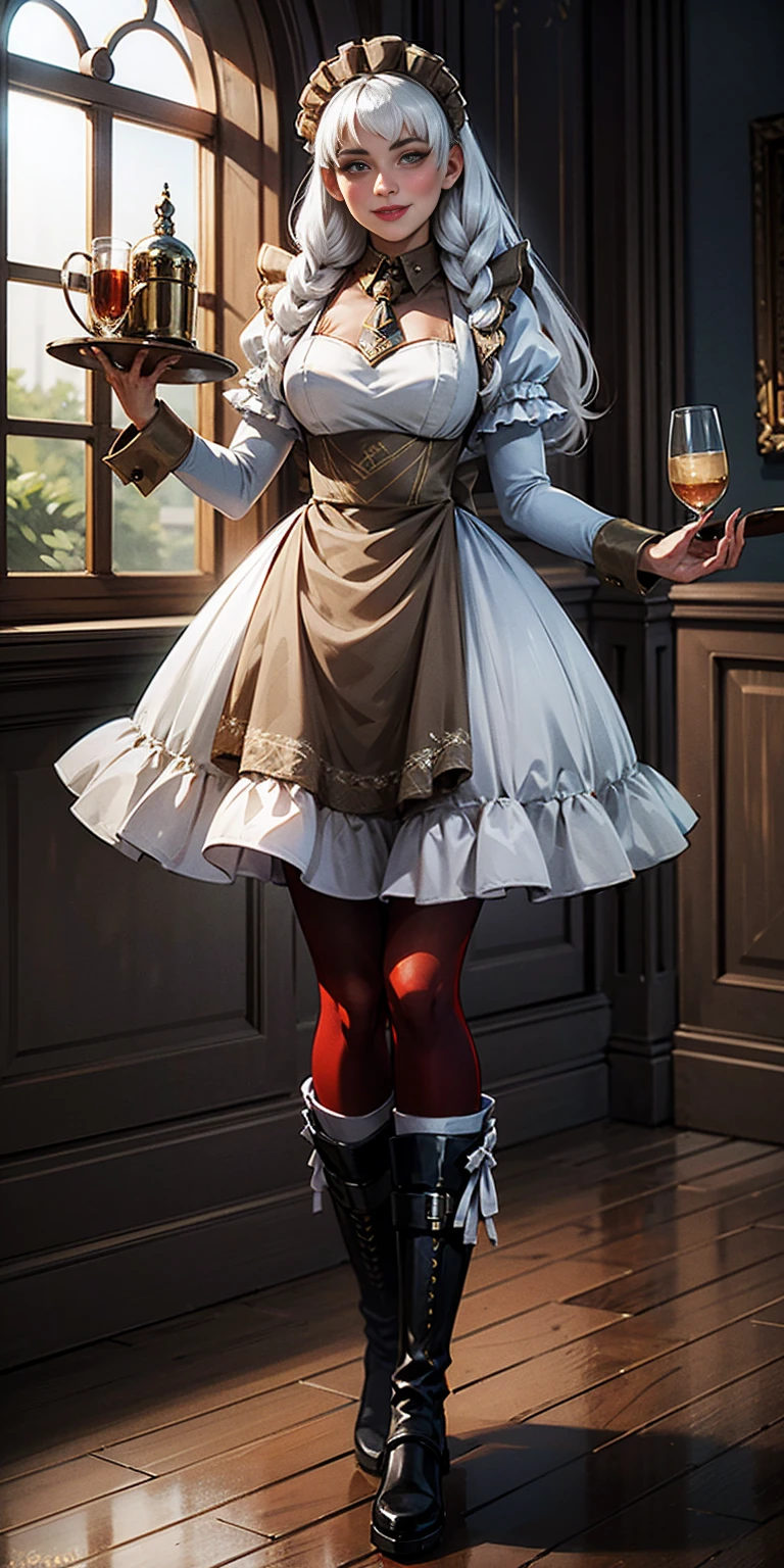 masterpice full body standing straight symmetrical, lustful smirking smile face red blush red cheeks, looking at viewer, holding a tray, braid, maid headdress, maid, dress, apron, long sleeves, brown pantyhose, long leather militar boots, thighs, long white hair