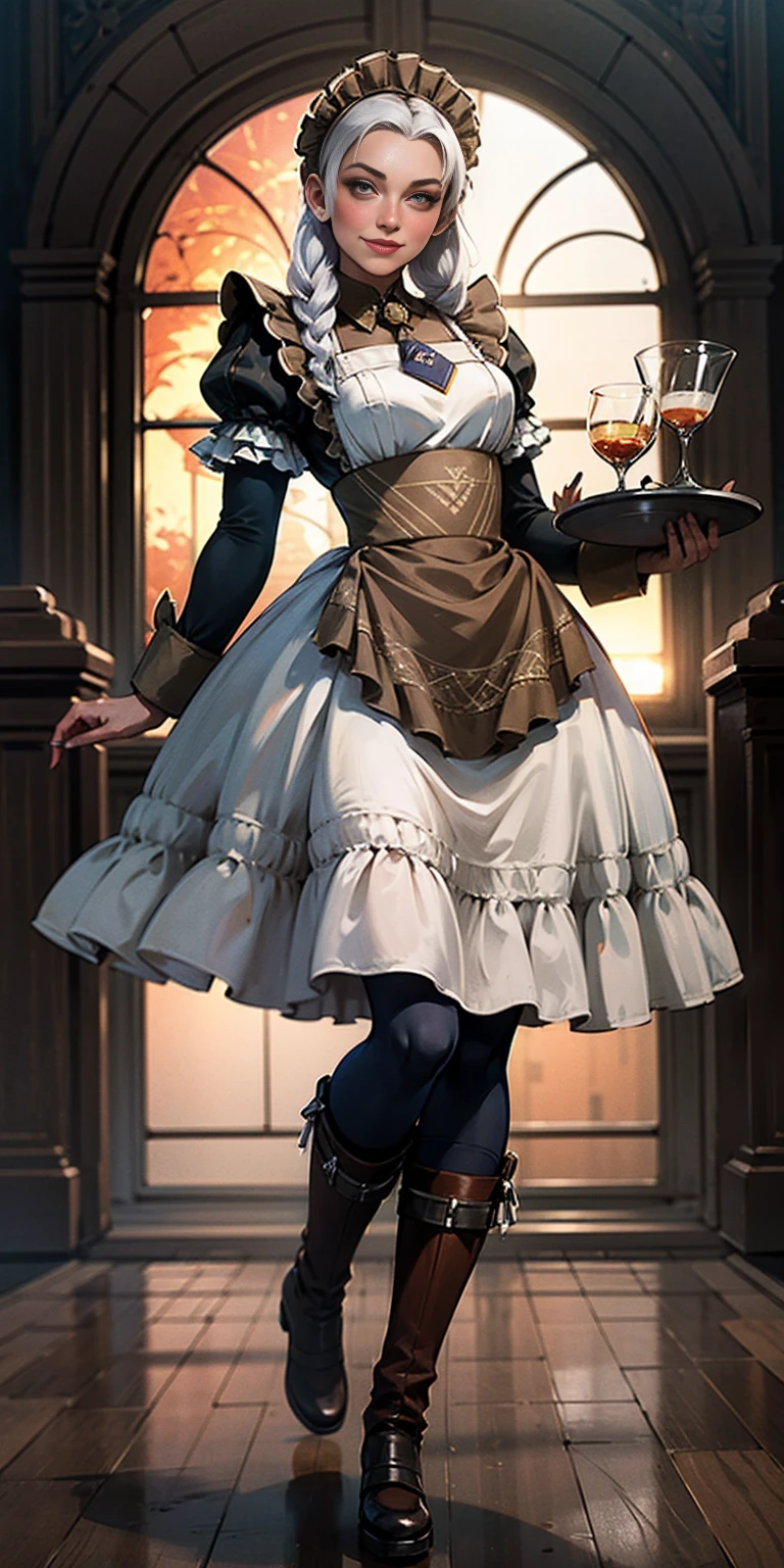 masterpice full body standing straight symmetrical, lustful smirking smile face red blush red cheeks, looking at viewer, holding a tray, braid, maid headdress, maid, dress, apron, long sleeves, brown pantyhose, long leather militar boots, thighs, long white hair