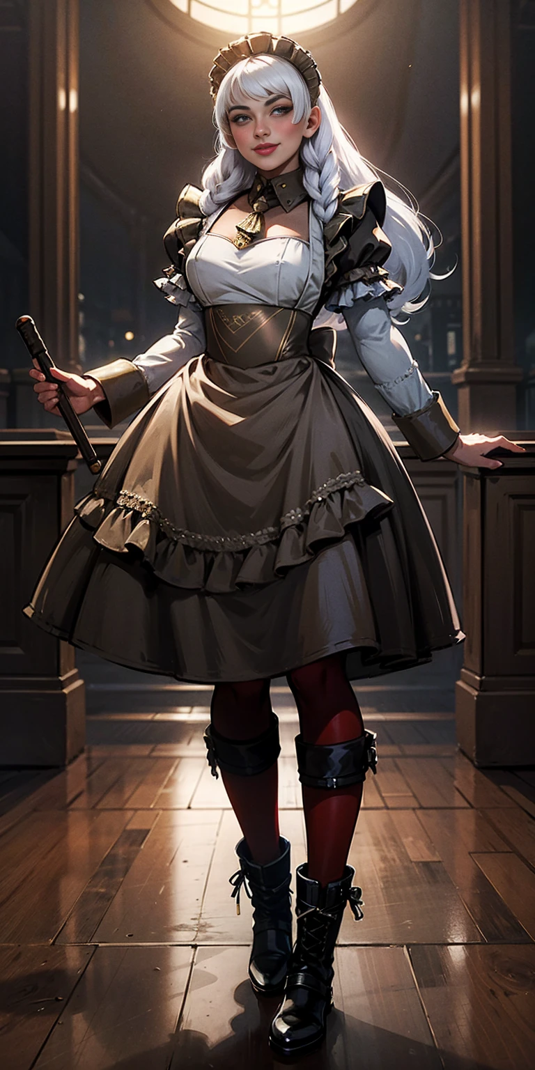 masterpice full body standing straight symmetrical, lustful smirking smile face red blush red cheeks, looking at viewer, holding a tray, braid, maid headdress, maid, dress, apron, long sleeves, brown pantyhose, long leather militar boots, thighs, long white hair