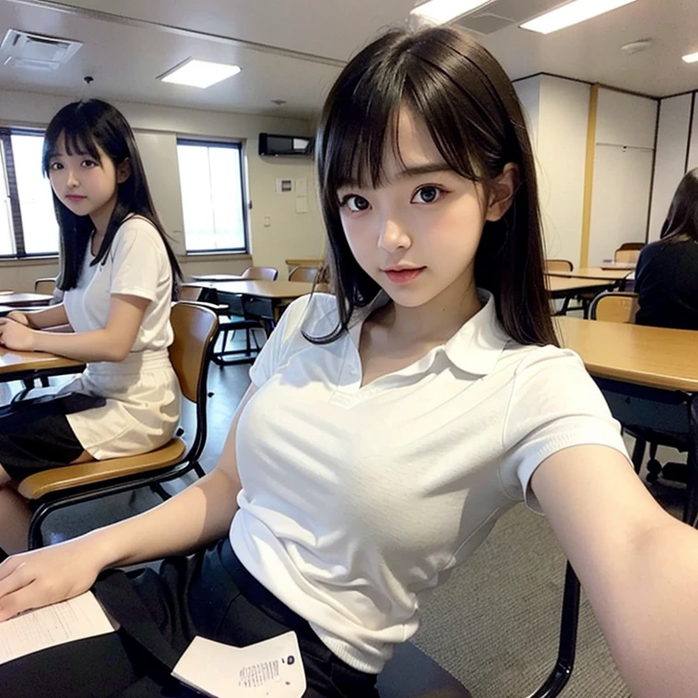 
highest quality, High resolution, (realistic:1.2), (Many female students are seated and taking classes:1.6), Japanese beautiful girl, (Large eyes with well-defined double eyelids:1.5), drooping eyes, high definition eyes, black hair, slender body, small breasts, , In underwear, bra, [table top:1.6], Warm tones, Natural light, A class is taking place in a Japanese high school classroom with many desks and chairs lined up,