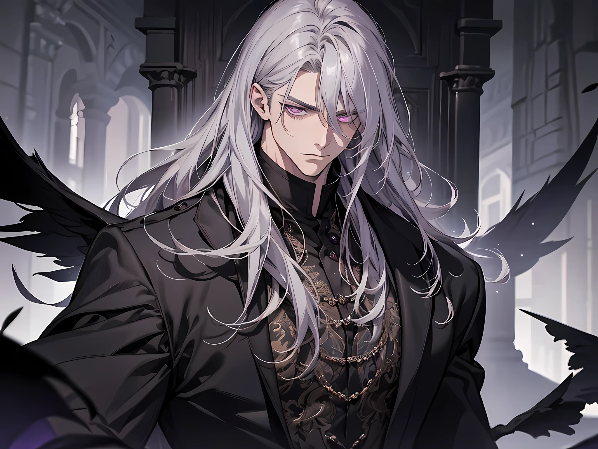 1 man, (Highest image quality, tmasterpiece)Long gray hair, purpl eyes, A male, Adult, Dark atmosphere, Western clothing dominated by black, There is a pair of large black wings behind him, Handsome, AS-Adult, Charming facial features, Fallen angels, fanciful,With a gentle expression