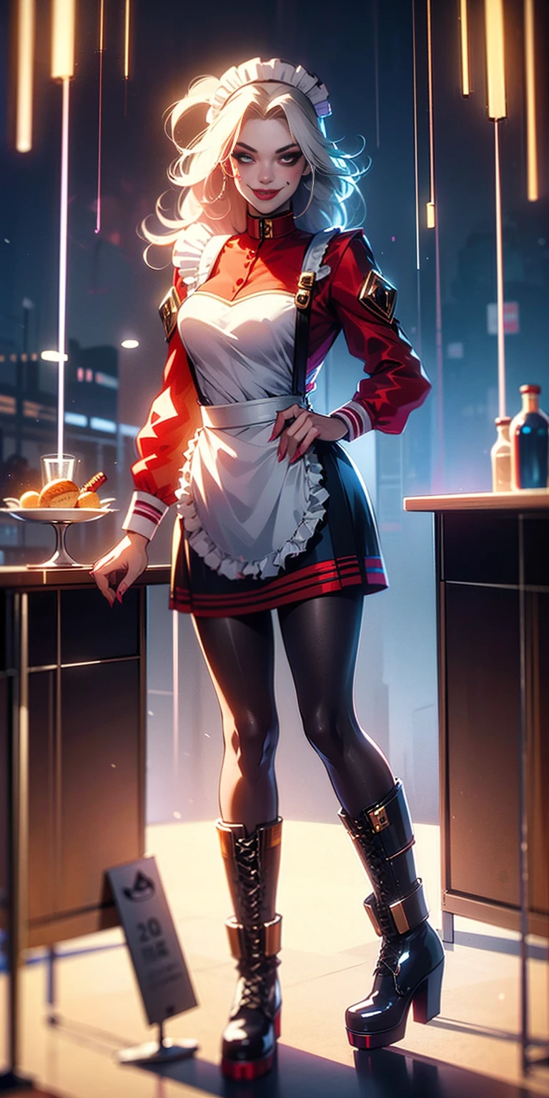 masterpice full body standing straight symmetrical, lustful smirking smile face red blush red cheeks, looking at viewer, holding a tray, braid, maid headdress, maid, dress, apron, long sleeves, brown pantyhose, long leather militar boots, thighs, long white hair