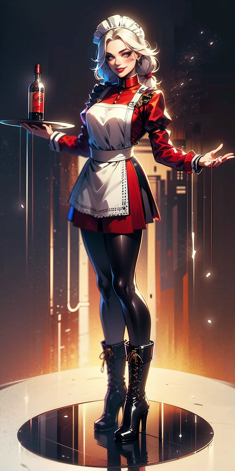 masterpice full body standing straight symmetrical, lustful smirking smile face red blush red cheeks, looking at viewer, holding a tray, braid, maid headdress, maid, dress, apron, long sleeves, brown pantyhose, long leather militar boots, thighs, long white hair