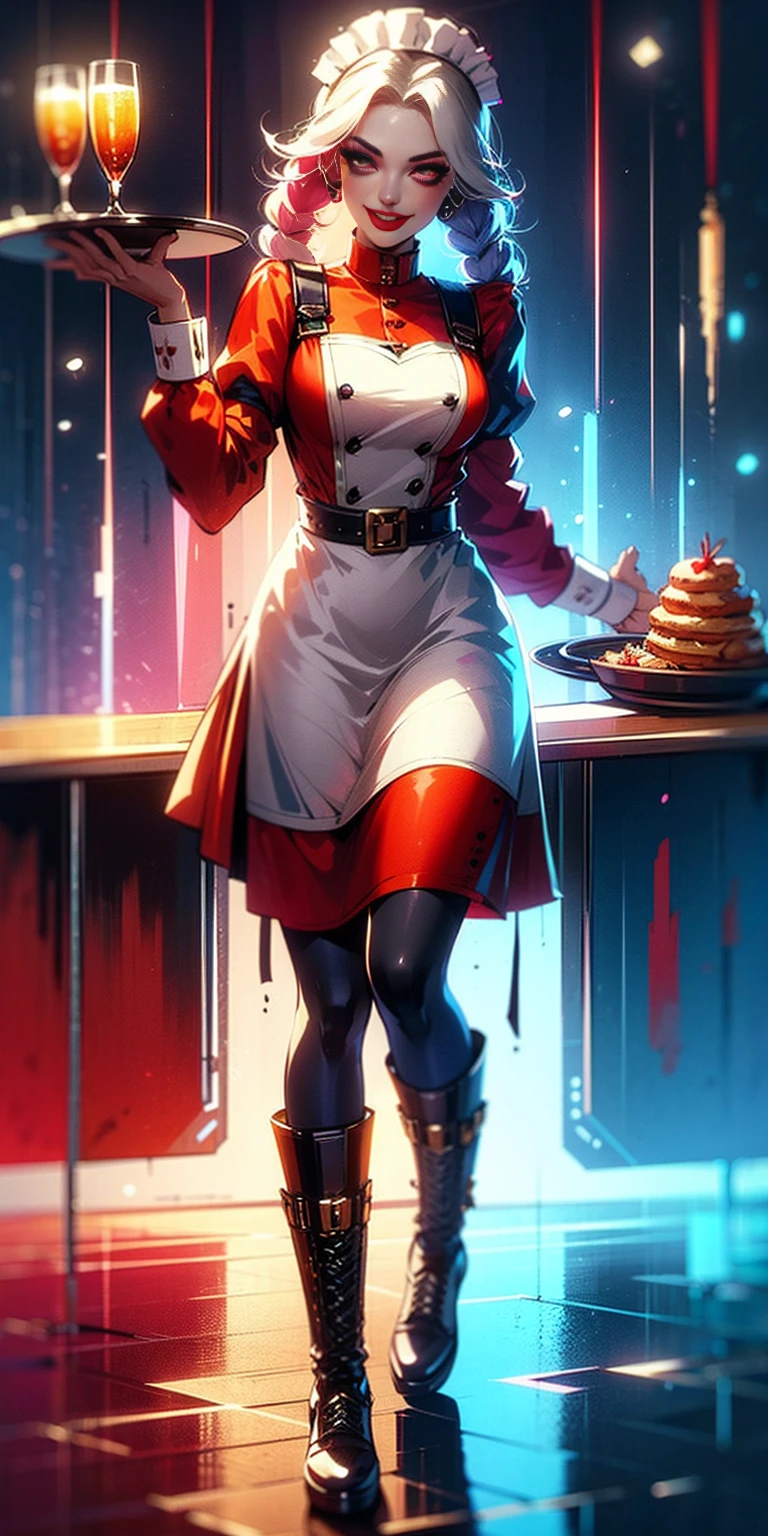 masterpice full body standing straight symmetrical, lustful smirking smile face red blush red cheeks, looking at viewer, holding a tray, braid, maid headdress, maid, dress, apron, long sleeves, brown pantyhose, long leather militar boots, thighs, long white hair