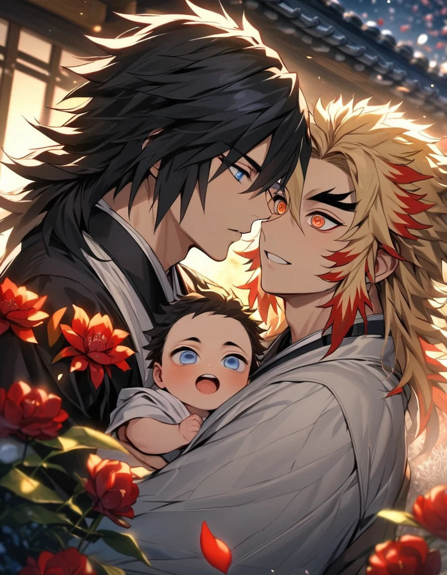 absurdres, highres, ultra detailed, HDR, master piece, best quality, Tomioka Giyu, untamed black hair, expressive blue eyes, hair between the eyes, Rengoku Kyojuro, blond medium hair with red streaks, expressive orange eyes, Kimetsu no yaiba, 2men together, holding a baby, gay couple, handsome, winter, garden, red flowers, petals, snowflakes