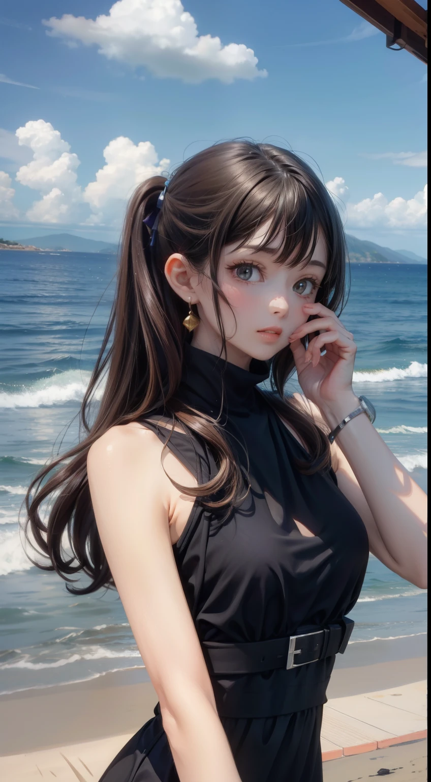 beach,black hair,straight hair,black dress,nipple,smoking,Super high quality,masterpiece,super high quality,ultra high resolution,best image quality,superlative,最high quality,highest resolution,high quality,beautiful,beautiful,high quality,genuineな質感,genuine,8K,fine-grained,Two-dimensional beautiful girl