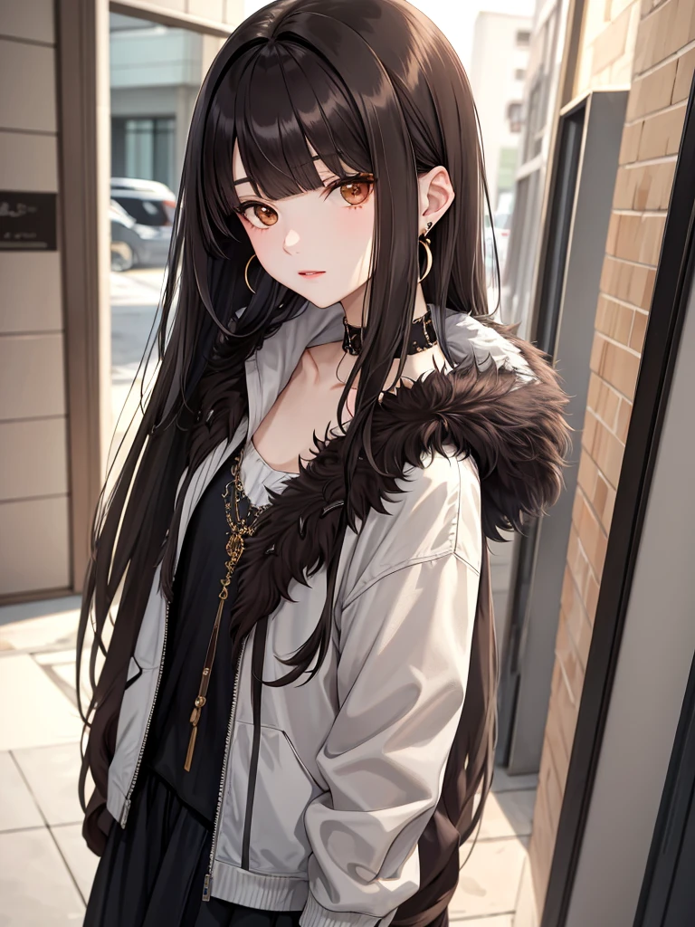 masterpiece, highest quality, pixiv, cool girl, Lots of earrings, earrings, dark brown hair, fur, dull bangs, straight bangs, gray eyes, pale skin, gallon, Improve