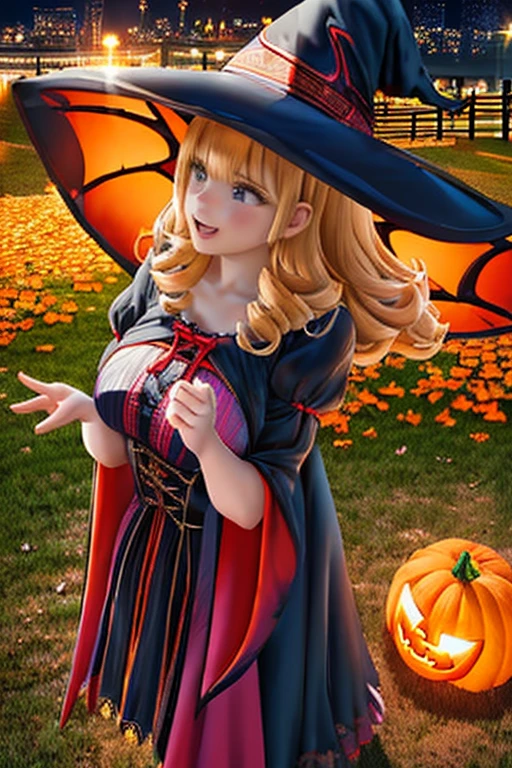 in group photograph, Two Adult Women(Rhizomuse:1.2, Hugging from behind), (2females, pair:1.2), Downtown at night、cozy wallpaper, trick or treat, Halloween, jack-o-lanterns, Basket with lots of candy, ((Highly detailed witch costumes:1.2, robe, Witch's Pointing Hat:1.1)), (Vampire costume:1.2), ((Dark Clight Medium Shorthair:1.25, Upstyle, Wavy Hair)), plein air, on the park, (Blurry background, Bokeh), (in night:1.2), ((Ultra High Resolution, 8k RAW photo, photographrealistic:1.2)), Fine detailed face, Beautiful detailed eyes, Super detailed smooth skin, (Looking away, Laughing, Surprising:1.2), ((SFW:1.25)), (Correct anatomy:1.5), (Dutch Angle, Wide Shot:1.3, From above),