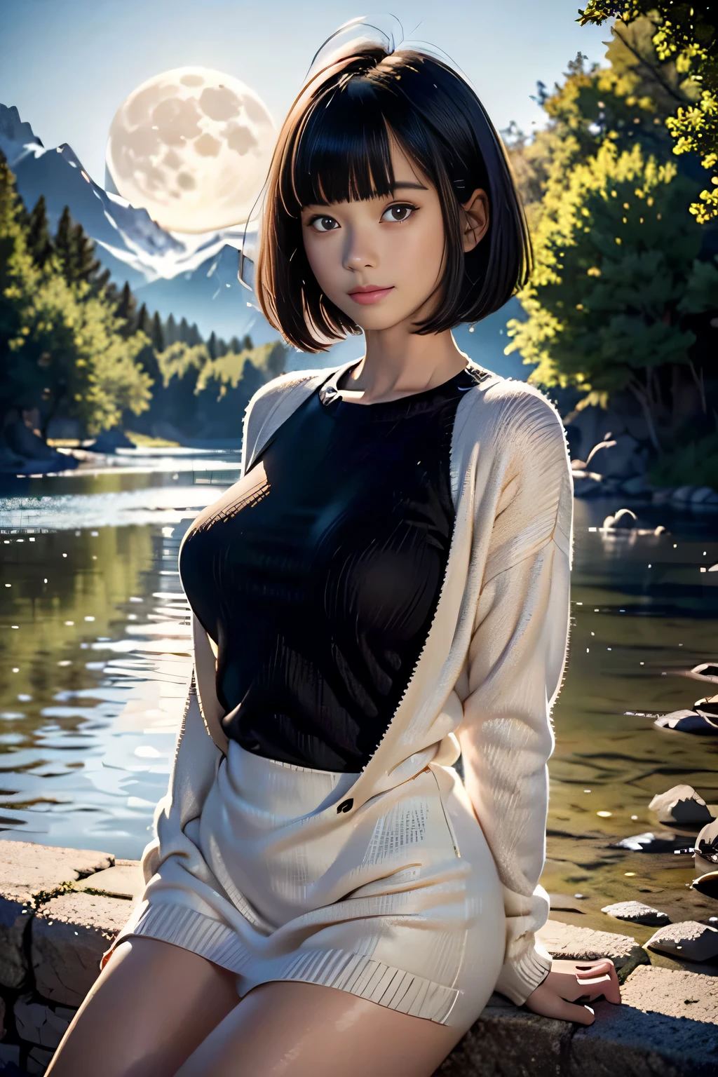 face,(solo), ((realistic:1.5,Beautiful girl RAW photo)),(looking at the viewer), (black one piece knit sweater),(pink one piece knit sweater),((1girl,cute,young,bob cut beautiful black hair,blunt bangs,beautiful eyes)),
innocent smile,cinematic lighting and pause,beautiful natural park,lake and mountains,flowers,trees,night sky,full moon,shooting star