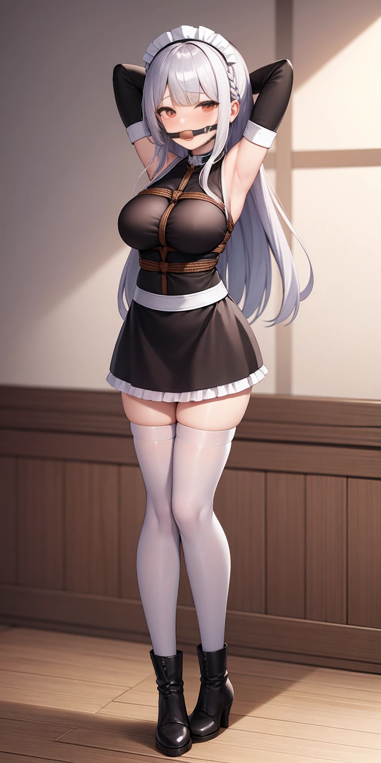 arms behind head, long_hair, looking_at_viewer, thighhighs, bow, bound, bdsm, bondage, rope, restrained, gag, shibari, bound_arms, ball_gag, shibari_over_clothes, masterpice full body standing straight symmetrical, lustful smirking smile face red blush red cheeks, looking at viewer, holding a tray, braid, maid headdress, maid, dress, apron, long sleeves, brown pantyhose, long leather militar boots, thighs, long white hair