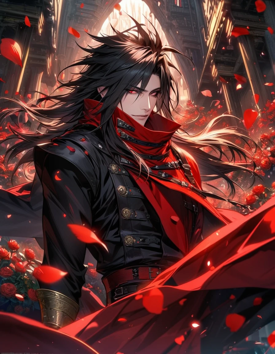 Ultra detailed, Highres, absurdres, HDR, Vincent Valentine, red eyes, black hair, Final Fantasy VII Dirge Of Cerberus, handsome, 1 man only, very detailed face and eyes, flowers and petals
