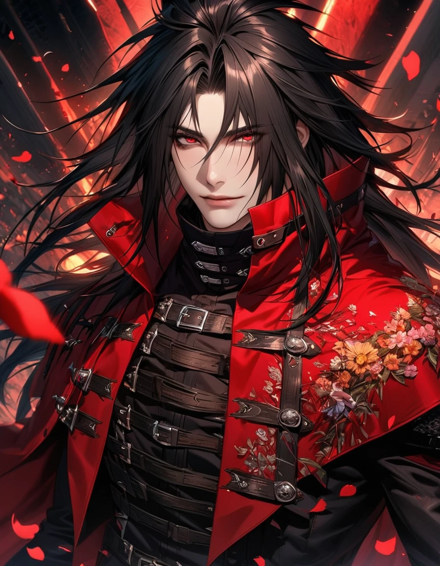 Ultra detailed, Highres, absurdres, HDR, Vincent Valentine, red eyes, black hair, Final Fantasy VII Dirge Of Cerberus, handsome, 1 man only, very detailed face and eyes, flowers and petals