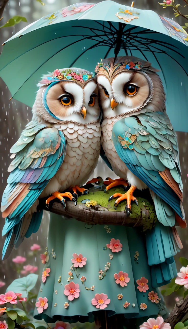 (Colorful mother owl and baby owls painted with flowers),(A large umbrella),(Mother owl holding an umbrella,hold her in arms:1.37),A caring expression, background with:(A heavy rain in the forest:1.3),(It rains heavily),
Lovely and detailed digital art, cute numbers, Lovely digital art, Bipper and Jeremiah Ketner, cute owl, Lovely detailed artwork,Lovely 3D rendering, The numbers are very detailed, cute colorful cute, Highly detailed digital artwork, Rich in details,Colorful, Digital art is very detailed, lovely artwork