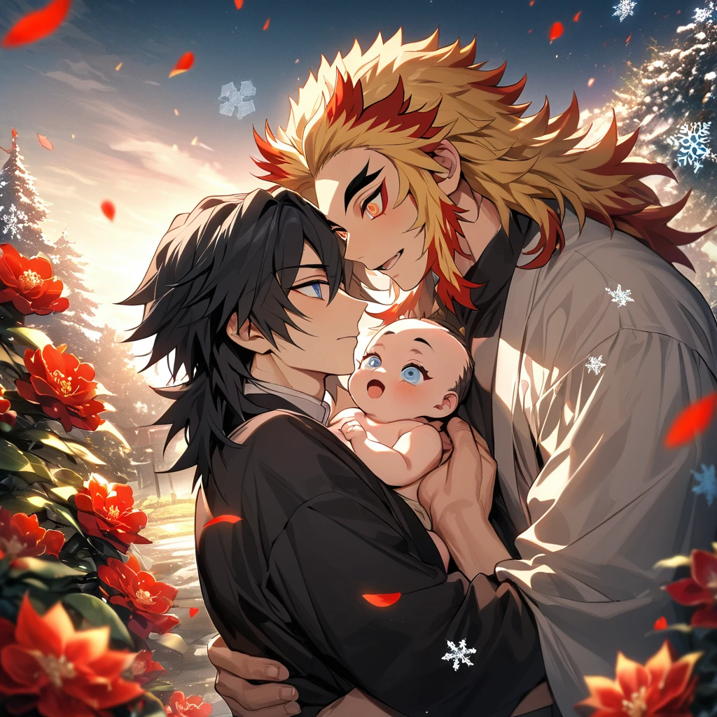 absurdres, highres, ultra detailed, HDR, master piece, best quality, Tomioka Giyu, untamed black hair, expressive blue eyes, hair between the eyes, Rengoku Kyojuro, blond medium hair with red streaks, expressive orange eyes, Kimetsu no yaiba, 2men together, holding a , gay couple, handsome, winter, garden, red flowers, petals, snowflakes