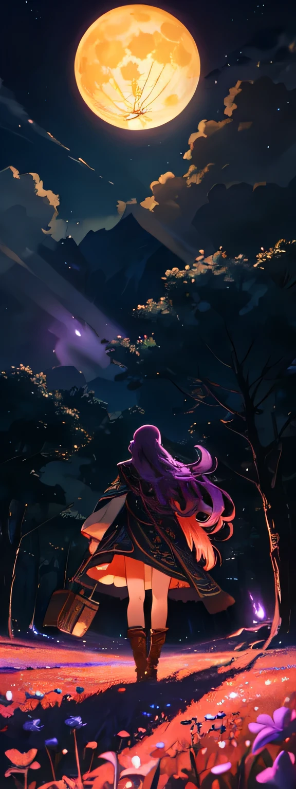 expansive landscape photograph , (a view from below that shows sky above and open field below), a girl standing on flower field looking up, (full moon:1.2), ( shooting stars:0.9), (nebula:1.3), distant mountain, tree BREAK
production art, (warm light source:1.2), (Firefly:1.2), lamp, lot of purple and orange, intricate details, volumetric lighting, realism BREAK
(masterpiece:1.2), (best quality), 4k, ultra-detailed, (dynamic composition:1.4), highly detailed, colorful details,( iridescent colors:1.2), (glowing lighting, atmospheric lighting), dreamy, magical, (solo:1.2)