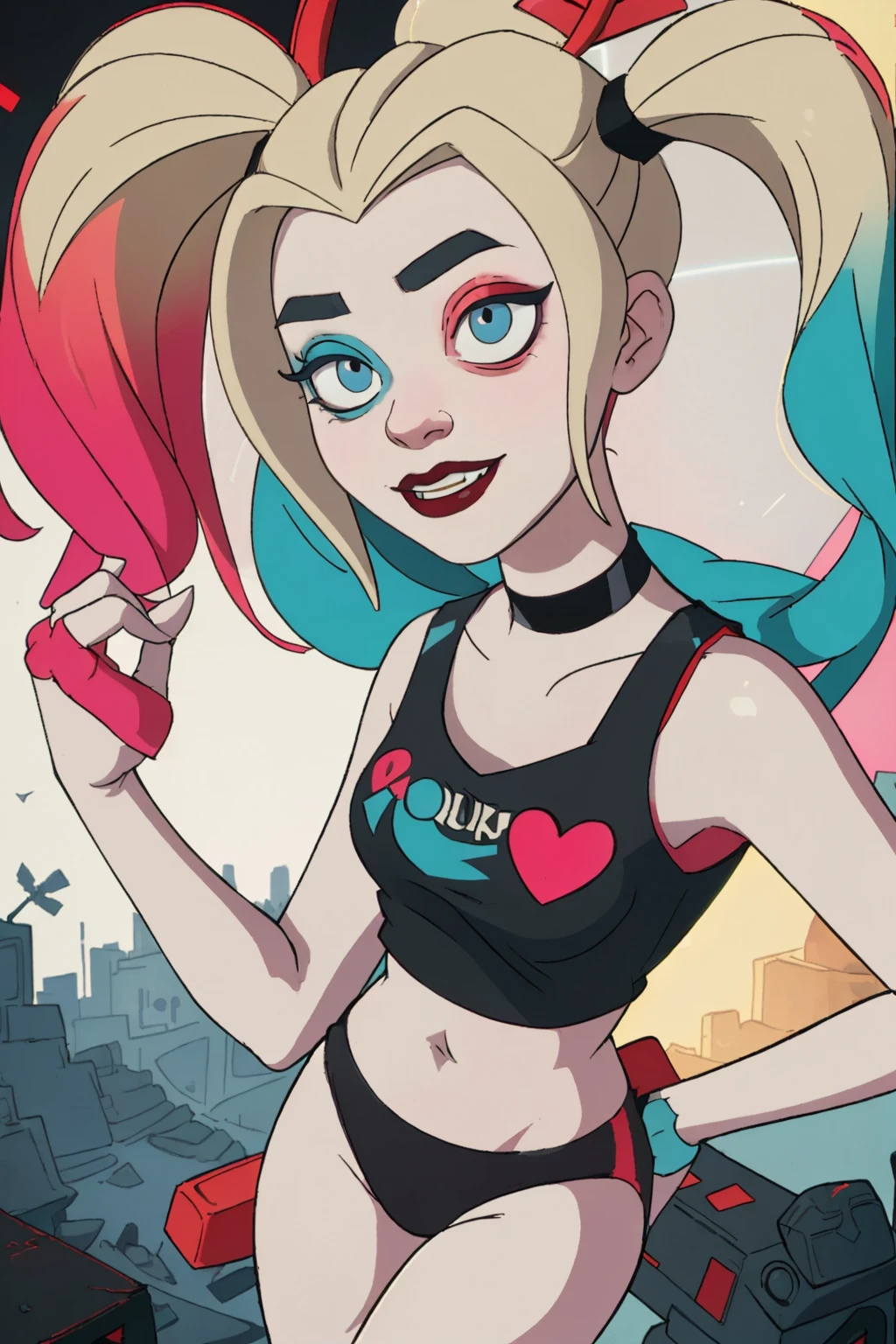 (Harley Quinn, harleyquinn:1.0), blonde pigtails with blue and pink ends, blue eyes, red lipstick, pink and blue eye shadow, heart on cheek, (half red and black crop top tank top, red and black underwear:1.2), sneakers with pom pom, black necklace, pale white skin, (full-body-shot:1), (Cowboy-shot:1.2),neon lighting, dark romantic lighting, (highly detailed:1.2),(detailed face:1.2), (gradients), colorful, detailed eyes, (detailed landscape:1.2), (natural lighting:1.2),(detailed background),detailed landscape, (cute pose:1.2), 