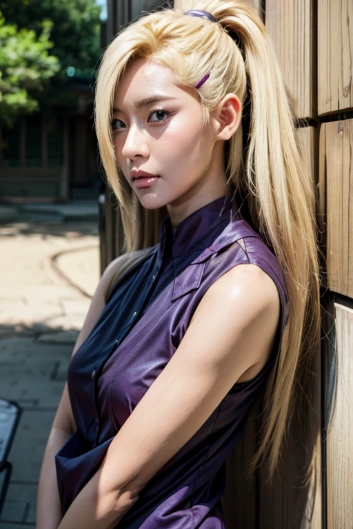 Real life adaption of this character,Asian beauty , realistic same hair, realistic outfit, realistic light, realistic shadow, hyper realistic, realism, realistic background,(photorealistic:1.2). Ino / Ino Yamanaka (Ino Yamanaka) / [Boruto: Naruto Next Generation, 1girl,skirt, blonde hair, hair ornament, bare shoulders, closed mouth, green eyes, ponytail, hairclip, hair over one eye, best quality ,ultra Higd ,detail realistic ,sceneHDR pro