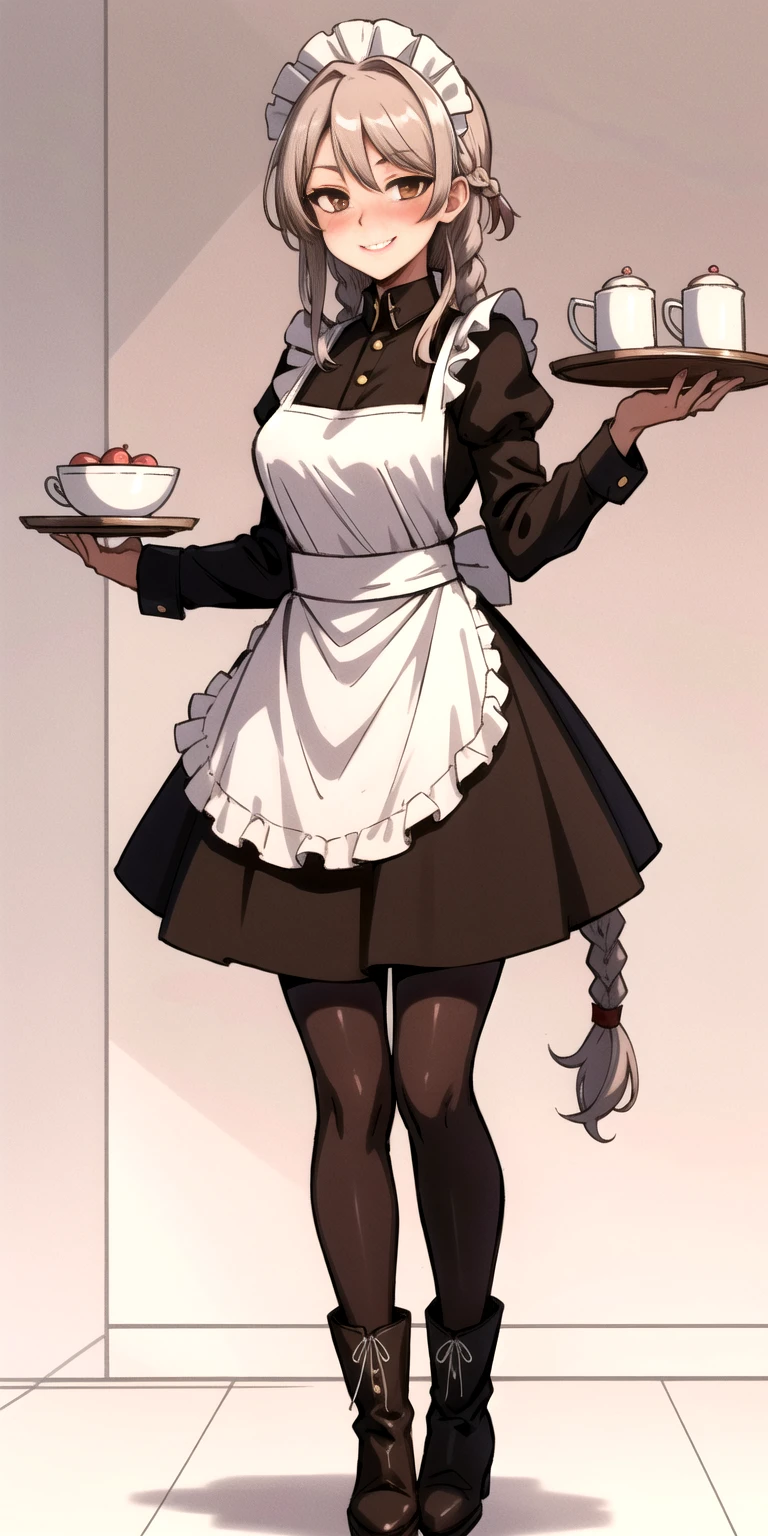 masterpiece full body standing straight symmetrical, lustful smirking smile face red blush red cheeks, looking at viewer, holding a tray, braid, maid headdress, maid, dress, apron, long sleeves, brown pantyhose, long leather militar boots, thighs, long white hair