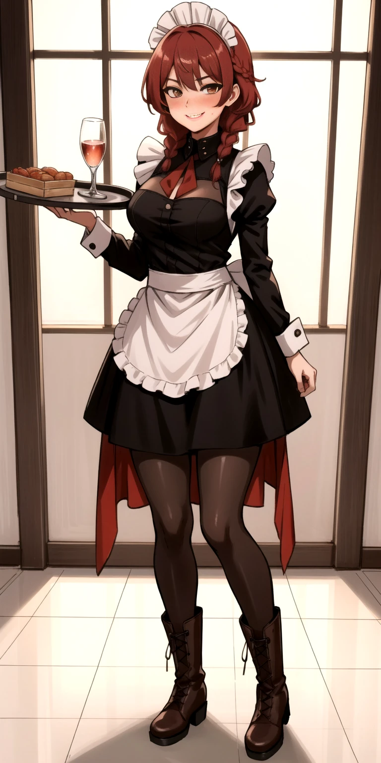 masterpiece full body standing straight symmetrical, lustful smirking smile face red blush red cheeks, looking at viewer, holding a tray, braid, maid headdress, maid, dress, apron, long sleeves, brown pantyhose, long leather militar boots, thighs, long white hair