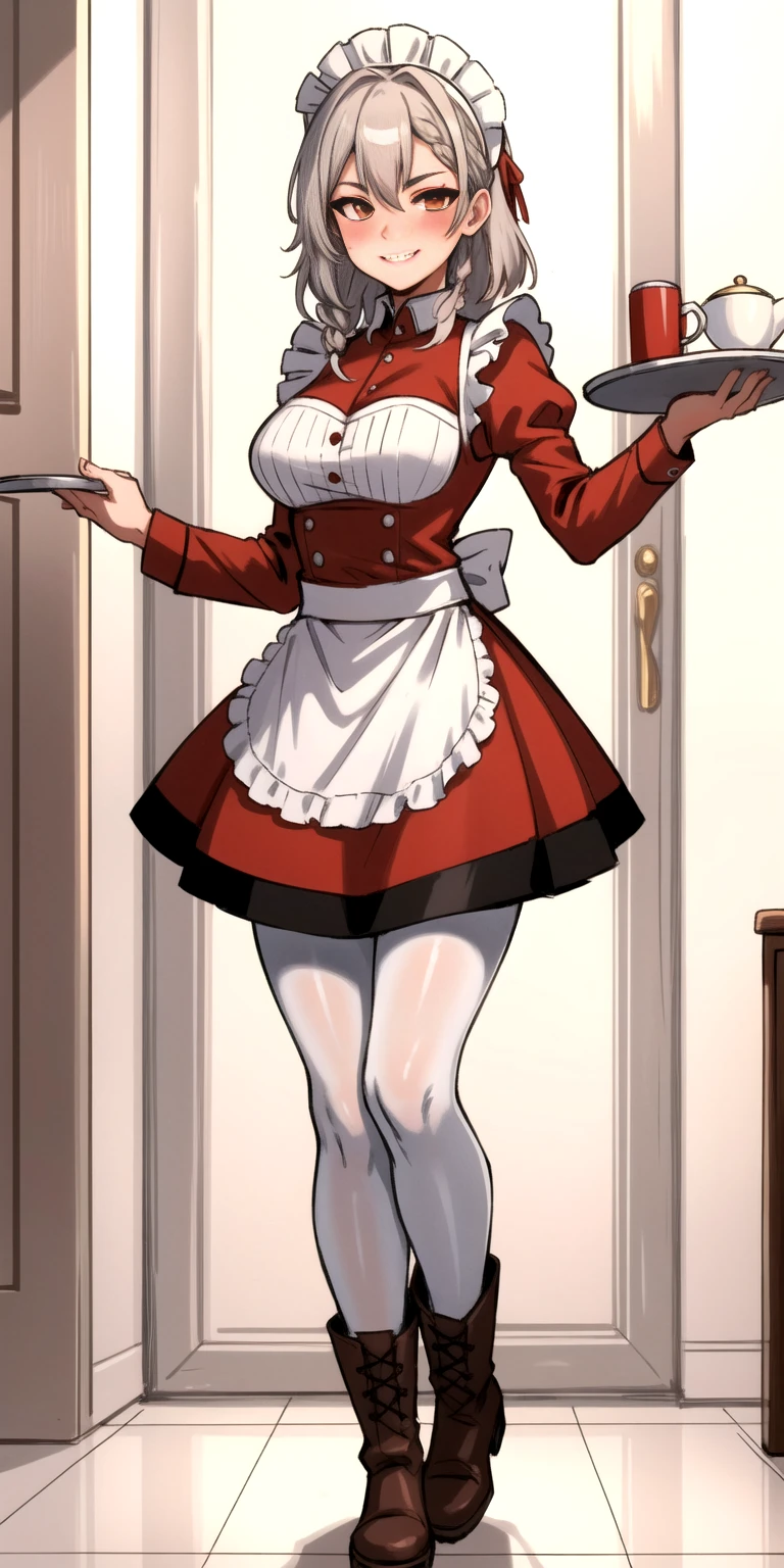 masterpiece full body standing straight symmetrical, lustful smirking smile face red blush red cheeks, looking at viewer, holding a tray, braid, maid headdress, maid, dress, apron, long sleeves, brown pantyhose, long leather militar boots, thighs, long white hair