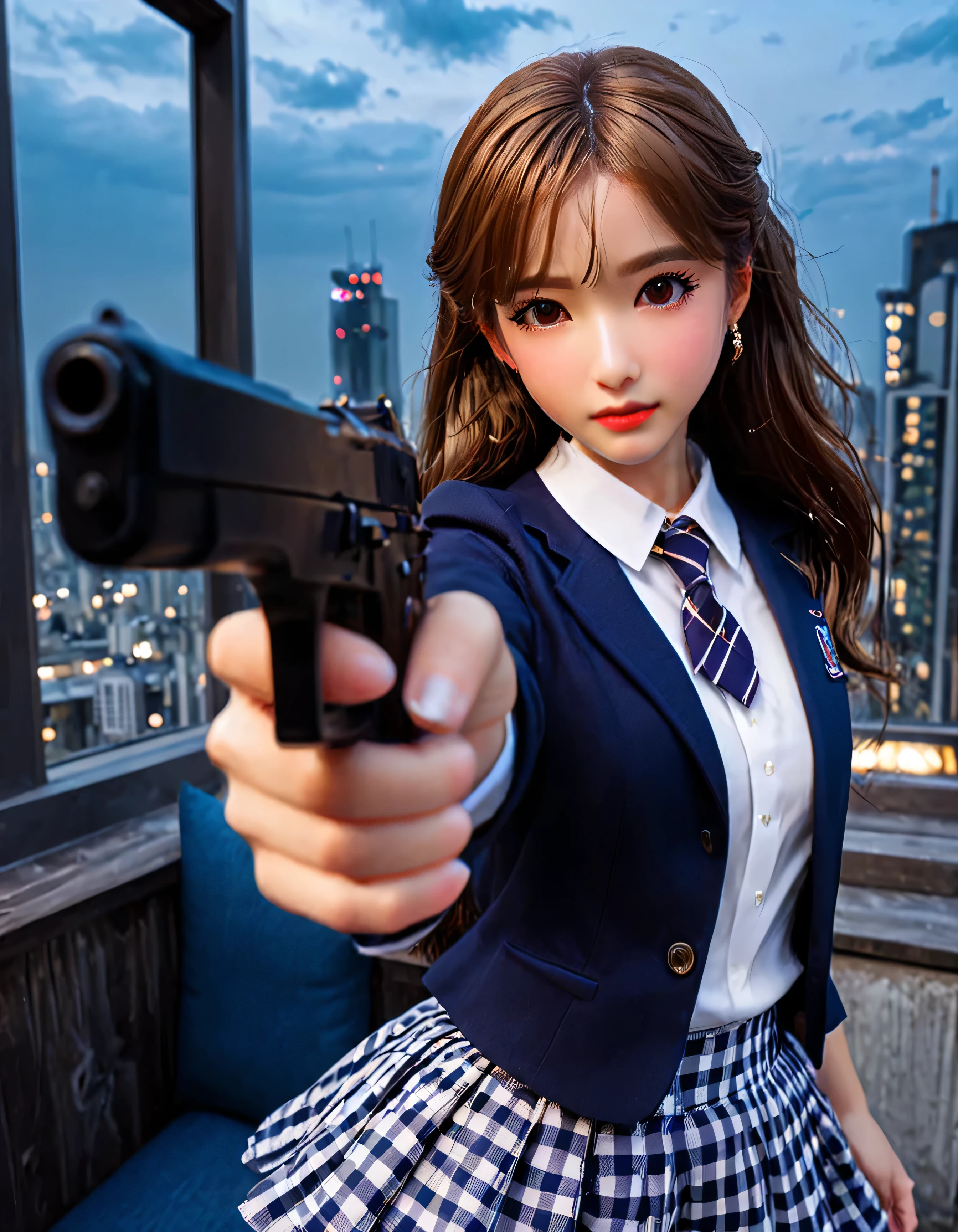 highest quality、16K high resolution、Super detailed、masterpiece、Live shooting、photorealistic:1.4、hyper realism:1.4、sharp focus、very delicate and beautiful、fine details、1 female、(Super beautiful)、(beautiful face:1.5)、(detailed face:1.5)、Are standing、(high school uniform:1.1)、navy blue jacket、white shirt、(tie)、(Checkered mini skirt:1.1)、brown hair、(dark makeup)、(rooftop of a skyscraper:1.3)、(night time:1.3)、(the wind is blowing:1.5)、(5 fingers on hand:1.2)、(Looking down the barrel of the gun:1.2)、(pointing pistol)