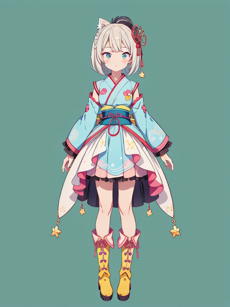 1girl、vtuber-fullbody、Star Fairy、masterpiece、official art、Super detailed、super beautiful、かわいいStar Fairy、white straight short hair、Milky Way、universe、star charm、Star、baby face、Knee-high boots、Japanese pattern dress、浴衣をリメイクした黒と紺色のuniverseを思わせるOiranフリルドレス、Oiran、simple background、green background、no body,