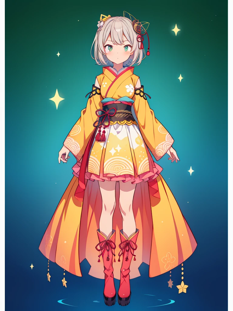 1girl、vtuber-fullbody、Star Fairy、masterpiece、official art、Super detailed、super beautiful、かわいいStar Fairy、white straight short hair、Milky Way、universe、star charm、Star、baby face、Knee-high boots、Japanese pattern dress、浴衣をリメイクした黒と紺色のuniverseを思わせるOiranフリルドレス、Oiran、simple background、green background、no body,