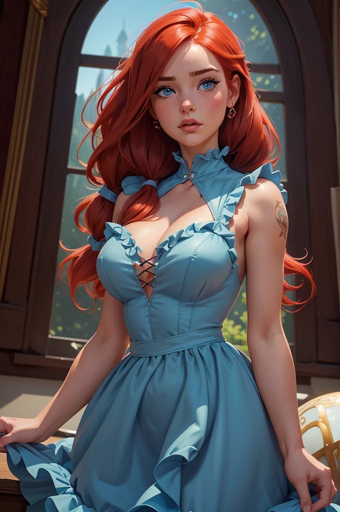 Cute Farmgirl With Pigtails. ((Red Haired Woman, Hairlong)), Perfectly Round Face. Beautiful Cute Face, Big Beautiful Voluptuous Lips, Charming Beauty, ((Kind Expression On His Face)), ((Big Beautiful Detailed Blue Eyes)), Thin Waist, Wide Hips ((Frilly Dark Blue Dress,)) (Higly Detailed)),Official Art, Award Winning Digital Painting, Digital Illustration, Extreme Detail, 4k, Ultra Hd, Rococo, Polished, Intricate, Realistic Fantasy Art, Sharp Focus, Concept Art, Art By Wlop, Artgerm, (2d Vector Illustration) Light, Airy, HourGlass Figure. Ellie Bamber