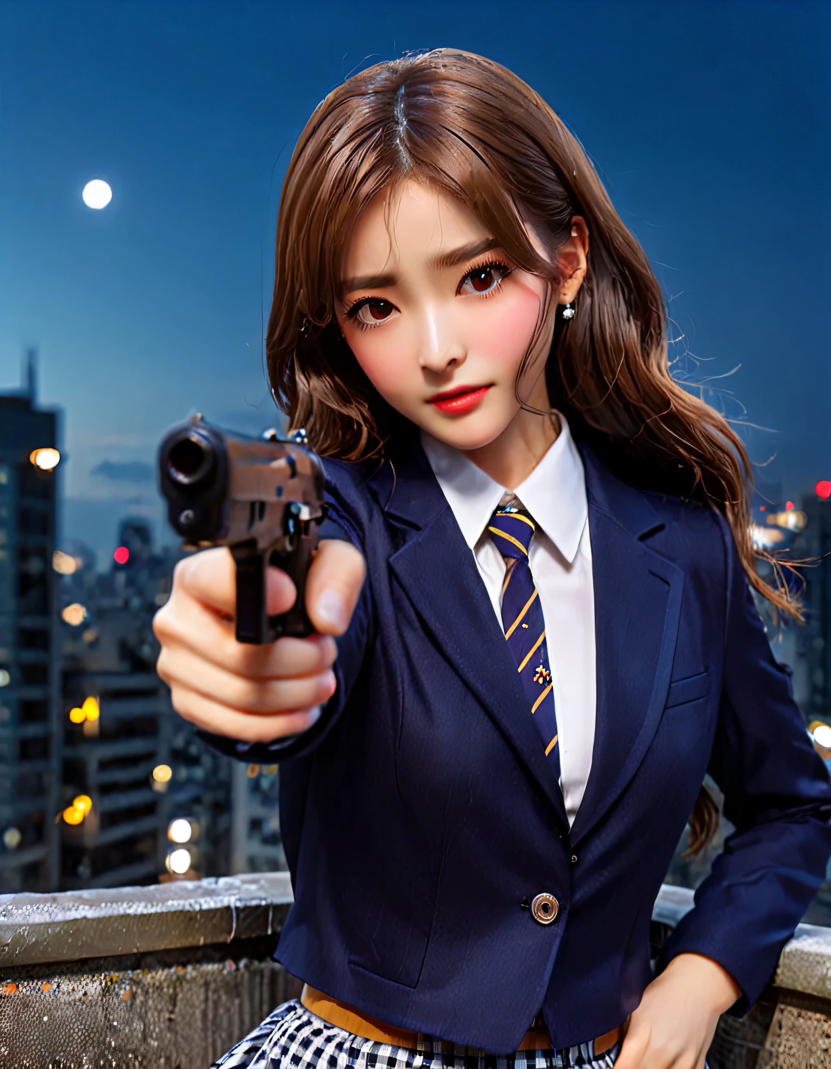 highest quality、16K high resolution、Super detailed、masterpiece、Live shooting、photorealistic:1.4、hyper realism:1.4、sharp focus、very delicate and beautiful、fine details、1 female、(Super beautiful)、(beautiful face:1.5)、(detailed face:1.5)、Are standing、(high school uniform:1.1)、navy blue jacket、white shirt、(tie)、(Checkered mini skirt:1.1)、brown hair、(dark makeup)、(rooftop of a skyscraper:1.3)、(night time:1.3)、(the wind is blowing:1.5)、(5 fingers on hand:1.2)、(He is looking intently at the barrel of the gun.:1.5)、(pointing pistol)