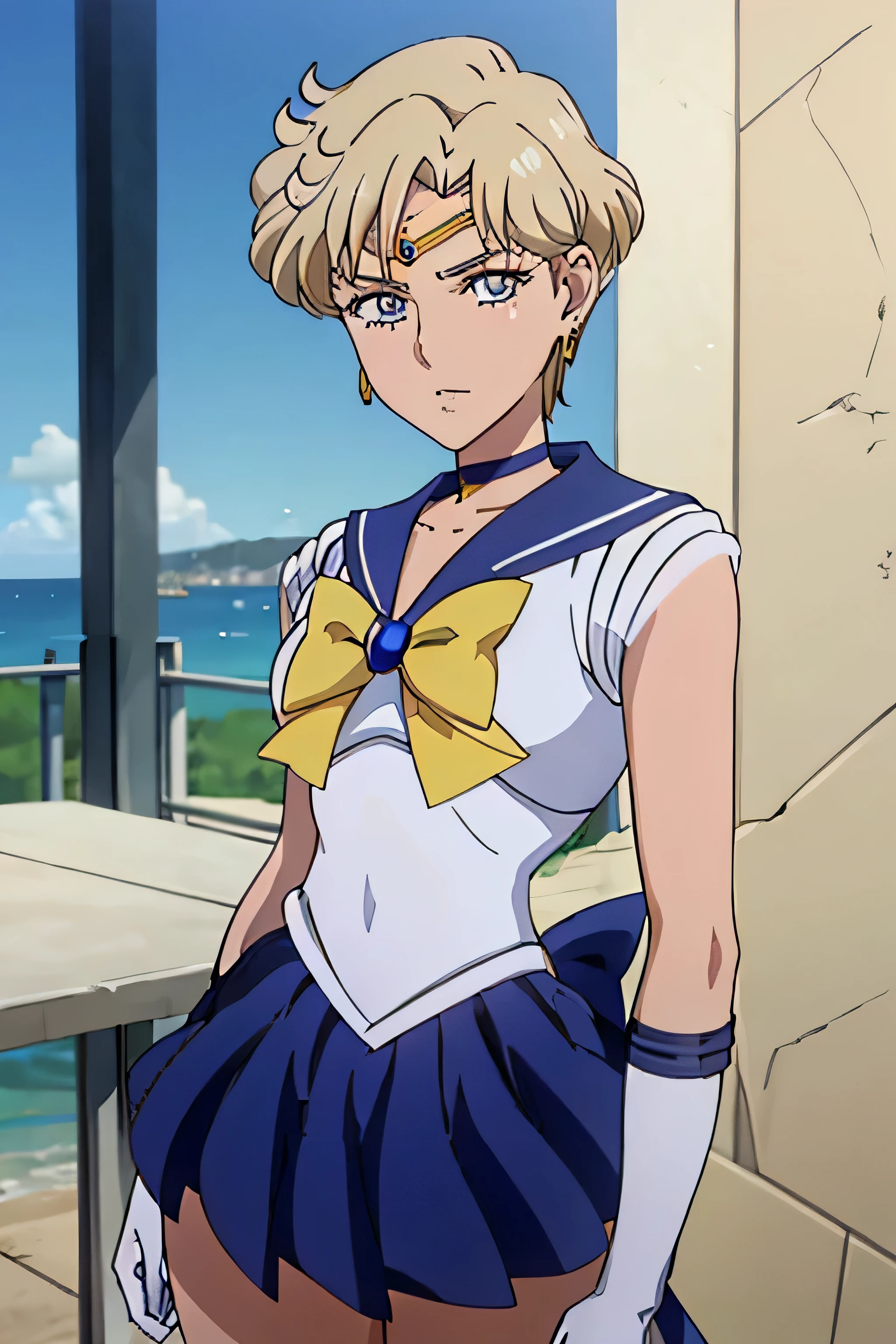 (best quality:1.1), (masterpiece:1.4), (absurdres:1.0), portrait, close-up,1girl, sailor uranus, KizukiAi, mature woman, small breasts, aqua eyes, blonde hair, sailor senshi uniform, sailor collar, chest bow, back bow, plead skirt, white elbow gloves, big booty, ultra mini skirt , jewelry, earrings, backed up on a balcony, on her back, showing her butt, nice buttocks, detailed eyes, (CROUCHED)