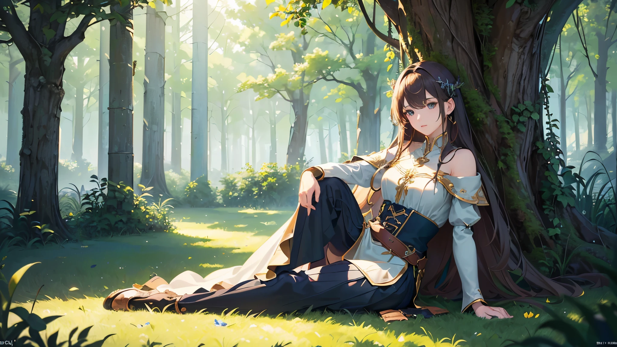 (official art、highest quality、Unity 8k wallpaper、32k、masterpiece、super detailed、A high resolution、realistic、Photoreal:1.2)、((one girl))、((Close ~ eyes))、fantasy、middle ages、Nordic、(Beautiful, detailed faces:1.4)、relax、(full body:1.2)、((outdoor))、grassland、shade of a tree、sitting、Resting