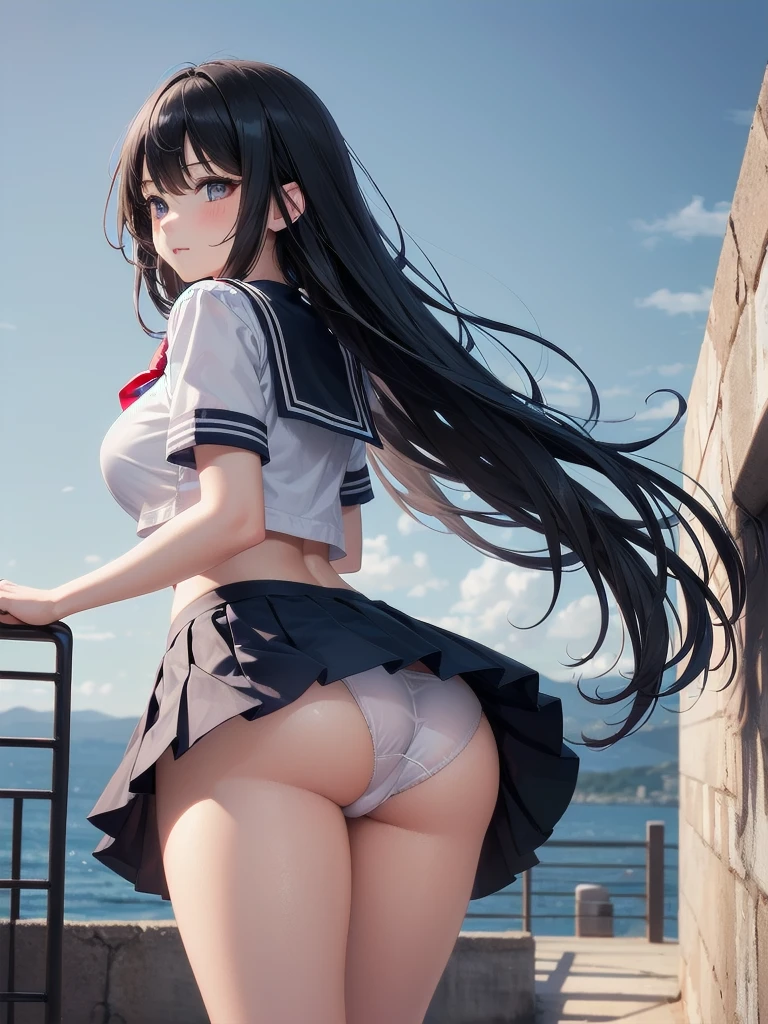 very cute and beautiful girl,(highly detailed beautiful face and eyes:1.2), huge breasts, (sailor school uniform), (navy blue pleated mini skirt:1.15), (looking back, from behind),leaning forward, from below, (white panties, lift skirt, pantie shot, blush,) (town overview), detailed landscape, black hair,(best quality,masterpiece:1.2),intricate details, extremely detailed,8k resolution, solo, natural lighting, hair fluttering in the wind,