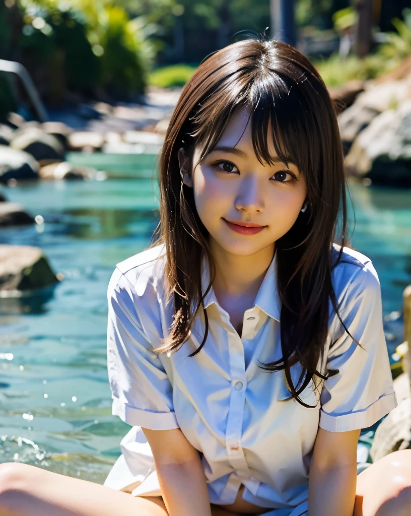 Japanese high school girl 16 years old。
A simple girl living in the countryside。
Playing barefoot in the clear mountain stream。
Walking through the river while maintaining balance。
Angle looking up from below。
Pigtails。
Tan Skin。