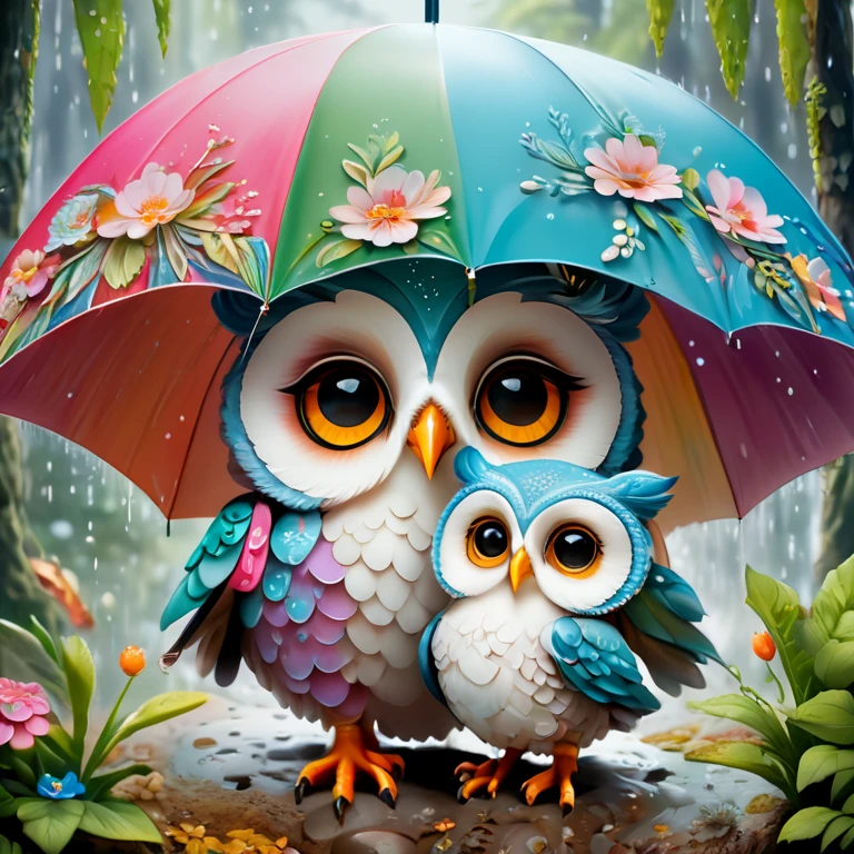 (Colorful mother owl and baby owls painted with flowers),(A large umbrella),(Mother owl holding an umbrella,hold her in arms:1.37),A caring expression, background with:(A heavy rain in the forest:1.3),(It rains heavily),
Lovely and detailed digital art, Cute digital painting, Lovely digital art, Bipper and Jeremiah Ketner, cute owl, Lovely detailed artwork,Lovely 3D rendering, The numbers are very detailed, cute colorful cute, Highly detailed digital artwork, Rich in details,Colorful, Digital art is very detailed, lovely artwork