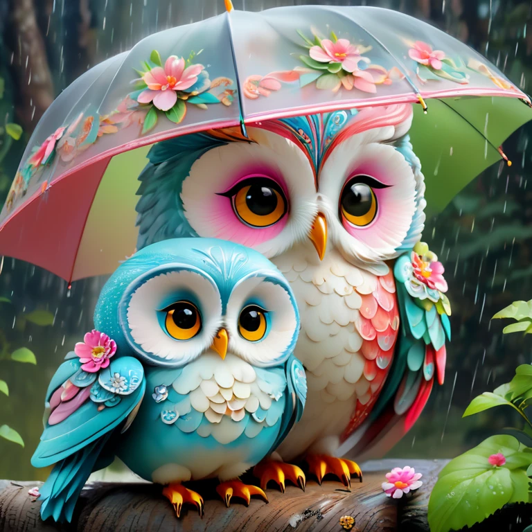 (Colorful mother owl and baby owls painted with flowers),(A large umbrella),(Mother owl holding an umbrella,hold her in arms:1.37),A caring expression, background with:(A heavy rain in the forest:1.3),(It rains heavily),
Lovely and detailed digital art, Cute digital painting, Lovely digital art, Bipper and Jeremiah Ketner, cute owl, Lovely detailed artwork,Lovely 3D rendering, The numbers are very detailed, cute colorful cute, Highly detailed digital artwork, Rich in details,Colorful, Digital art is very detailed, lovely artwork
