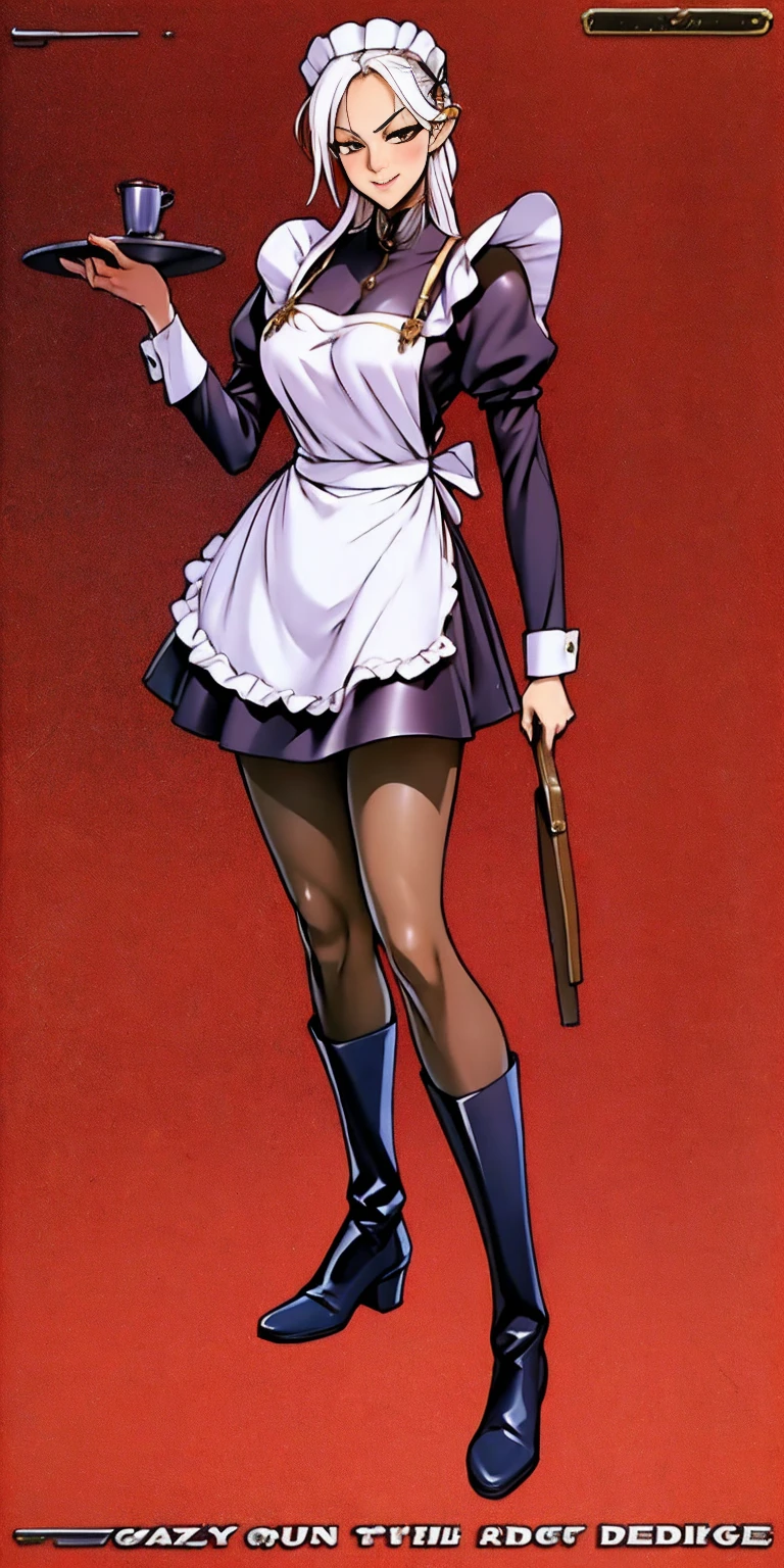 masterpice full body standing straight symmetrical, lustful smirking smile face red blush red cheeks, looking at viewer, holding a tray, braid, maid headdress, maid, dress, apron, long sleeves, brown pantyhose, long leather militar boots, thighs, long white hair