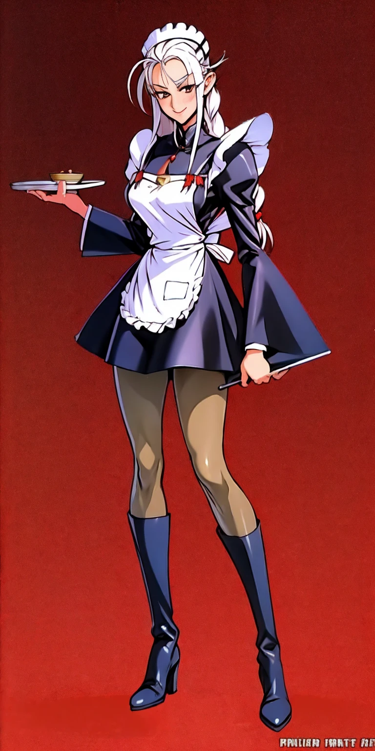 masterpice full body standing straight symmetrical, lustful smirking smile face red blush red cheeks, looking at viewer, holding a tray, braid, maid headdress, maid, dress, apron, long sleeves, brown pantyhose, long leather militar boots, thighs, long white hair