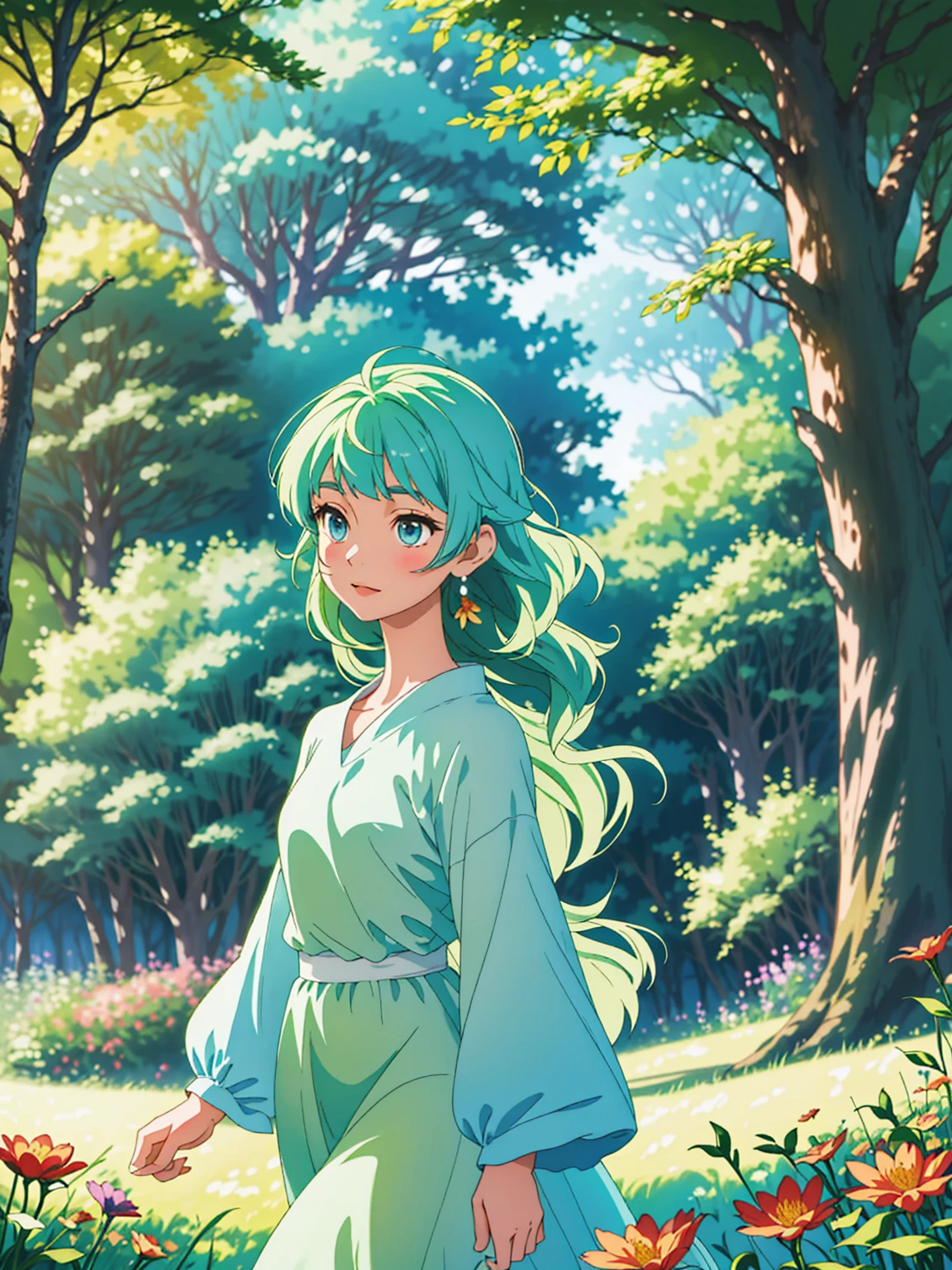 High 8K resolution, capturing details clearly.  Studio Ghibli style scene, with a fusion of anime artistic style, whimsy and impressionism.  |  A dazzlingly beautiful princess walking in a lush forest, her flowing hair has pastel tones.  Her face shows a mixture of curiosity and admiration.  She wears an elegant, flowing dress, adorned with intricate floral patterns.  |  The setting is a lush and vibrant fantasy world forest, in the foreground there are colorful flowers, in the midground there are fruits on tall trees, leaves illuminated by the sun creating a soft and ethereal glow.  |  The scene is composed in a medium shot, highlighting the beauty of the princess, her dress and the magical environment of the forest.  The angle is subtly angled to add a touch of charm.  |  The soft natural light filtered through the trees adds an ethereal quality to the scene, enhancing the beauty of the princess and creating a magical atmosphere.  |  A princess walking in a fantastic forest.