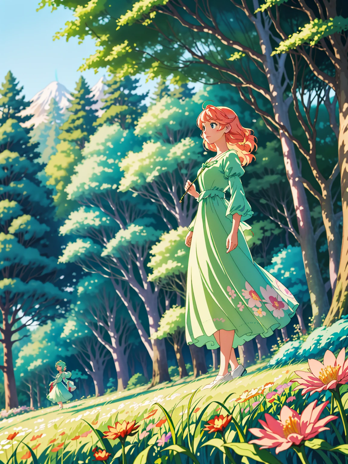 High 8K resolution, capturing details clearly.  Studio Ghibli style scene, with a fusion of anime artistic style, whimsy and impressionism.  |  A dazzlingly beautiful princess walking in a lush forest, her flowing hair has pastel tones.  Her face shows a mixture of curiosity and admiration.  She wears an elegant, flowing dress, adorned with intricate floral patterns.  |  The setting is a lush and vibrant fantasy world forest, in the foreground there are colorful flowers, in the midground there are fruits on tall trees, leaves illuminated by the sun creating a soft and ethereal glow.  |  The scene is composed in a medium shot, highlighting the beauty of the princess, her dress and the magical environment of the forest.  The angle is subtly angled to add a touch of charm.  |  The soft natural light filtered through the trees adds an ethereal quality to the scene, enhancing the beauty of the princess and creating a magical atmosphere.  |  A princess walking in a fantastic forest.