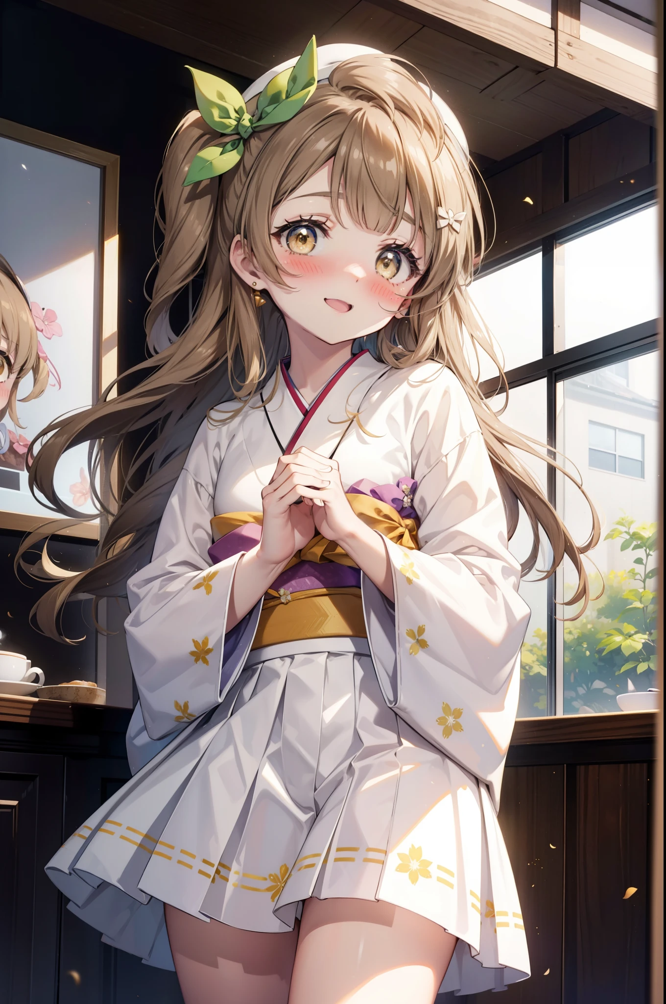 Kotori Minami, Kotori Minami, brown hair, (brown eyes:1.5), one side up, hair ribbon, ribbon, long hair,happy smile, smile, open your mouth,blush,White idol-style kimono,long furisode,White mini hakama,White tights,Zori sandals,
break looking at viewer,
break indoors, Coffee shop, 
break (masterpiece:1.2), highest quality, High resolution, unity 8k wallpaper, (figure:0.8), (detailed and beautiful eyes:1.6), highly detailed face, perfect lighting, Very detailed CG, (perfect hands, perfect anatomy),