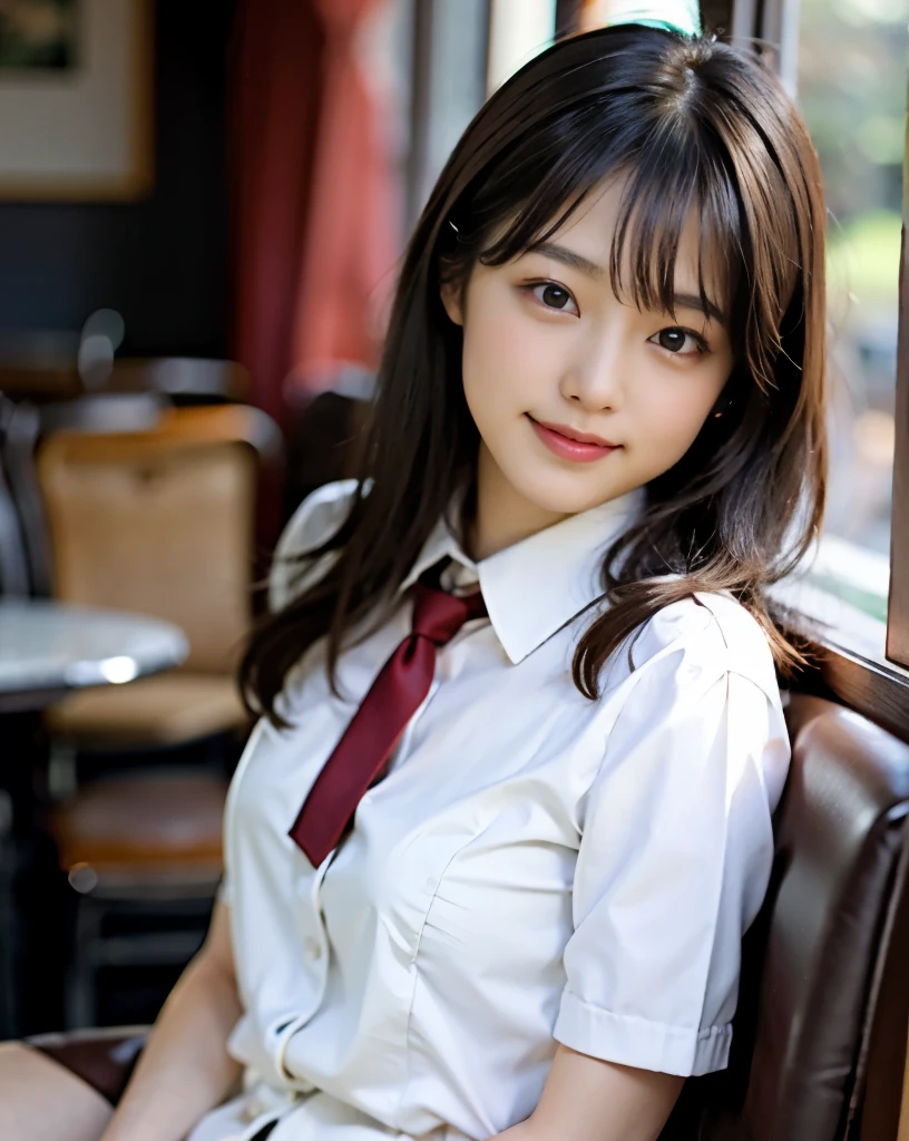 NSFW,highest quality,excellent details,ultra high resolution,Cute Japanese girl with perfect style,smile,light brown hair,Highly detailed face and skin texture,double eyelid,white skin,sit,White collared shirt,tie,No panties,Full view of pussy,raise one leg,In front of the coffee shop,Illuminate the face,sunlight,illuminate the face