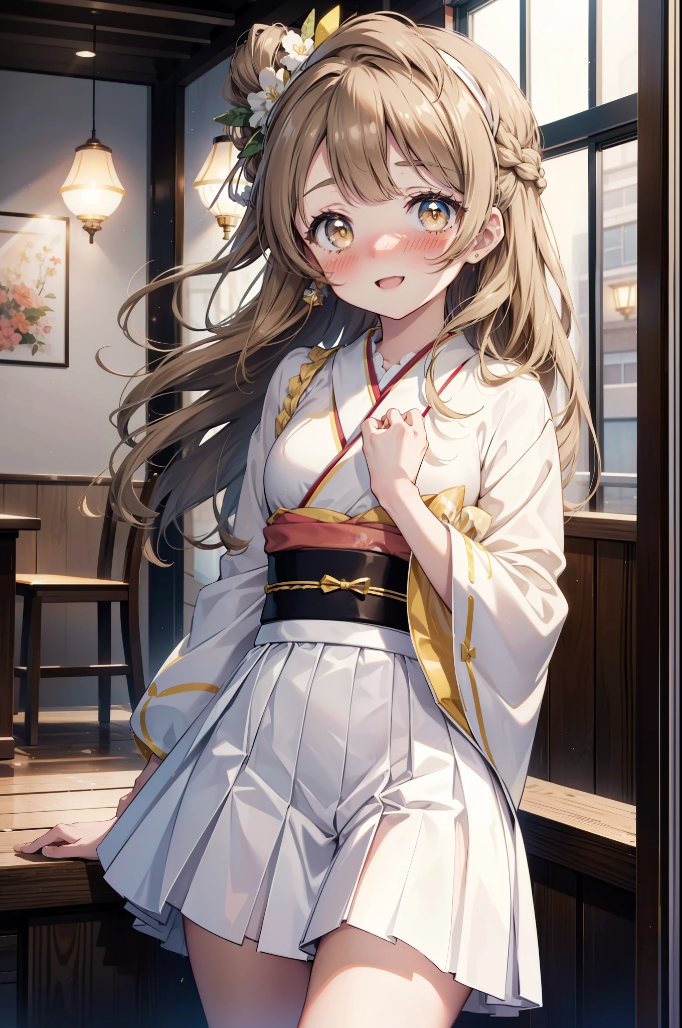 Kotori Minami, Kotori Minami, brown hair, (brown eyes:1.5), one side up, hair ribbon, ribbon, long hair,happy smile, smile, open your mouth,blush,White idol-style kimono,long furisode,White mini hakama,White tights,Zori sandals,
break looking at viewer,
break indoors, Coffee shop,
break (masterpiece:1.2), highest quality, High resolution, unity 8k wallpaper, (figure:0.8), (detailed and beautiful eyes:1.6), highly detailed face, perfect lighting, Very detailed CG, (perfect hands, perfect anatomy),