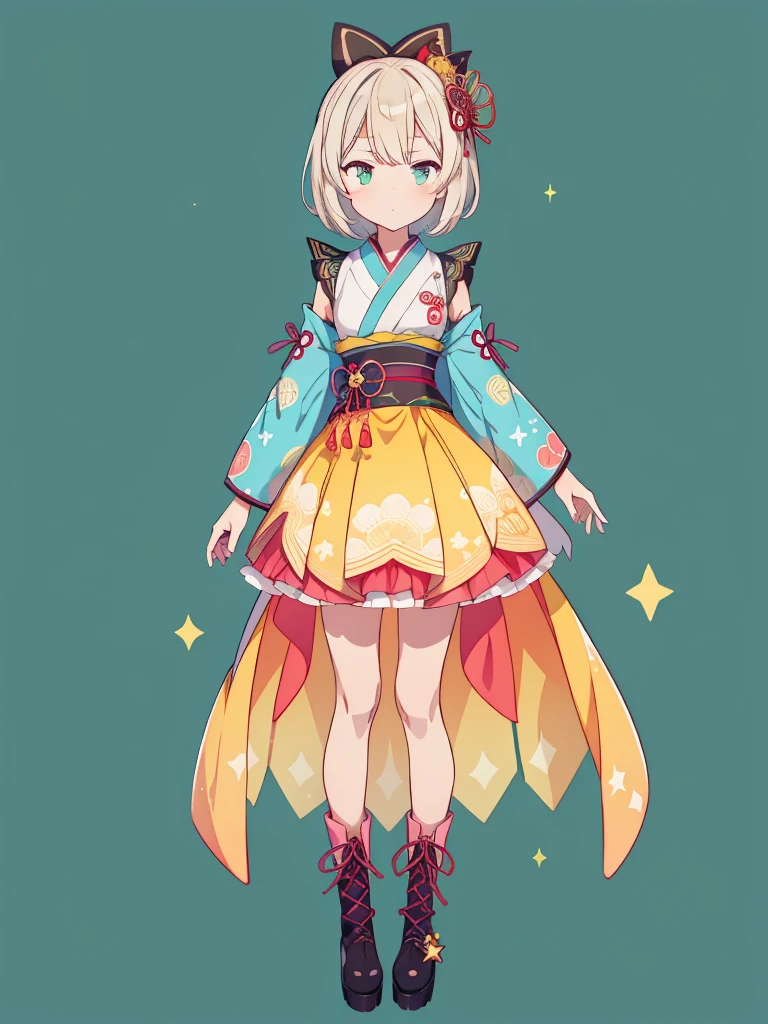 1girl、vtuber-fullbody、Star Fairy、masterpiece、official art、Super detailed、super beautiful、かわいいStar Fairy、white straight short hair、Milky Way、universe、star charm、Star、baby face、Knee-high boots、Japanese pattern dress、浴衣をリメイクした黒と紺色のuniverseを思わせるOiranフリルドレス、Oiran、simple background、green background、no body,